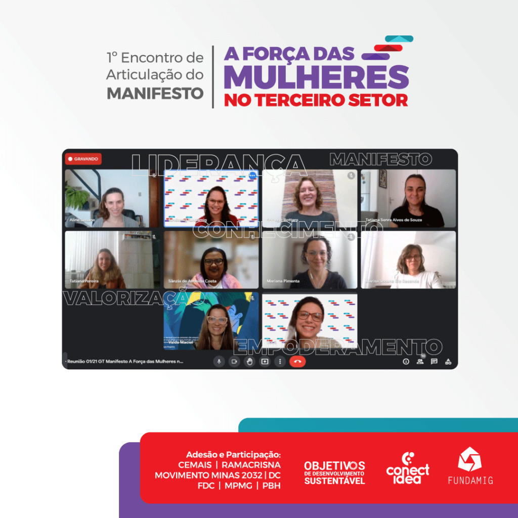 Imagem com print de tela de reunião com 10 mulheres, marca A Força das mulheres no terceiro setor e das realizadoras.