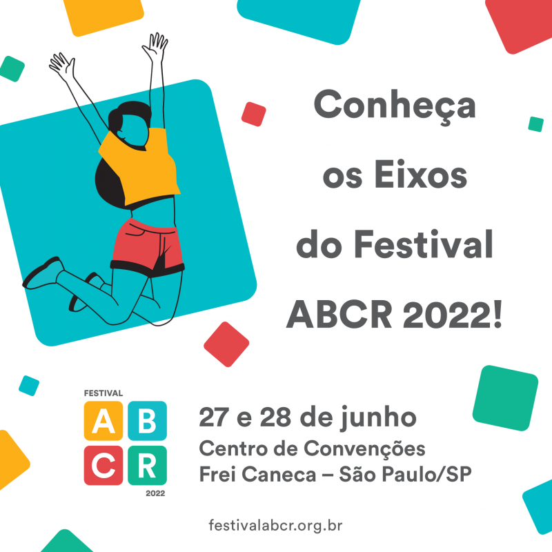 Ilustração de mulher saltando com braços para cima, com quadros coloridos em plano de fundo e texto sobre o Festival ABCR à direta.